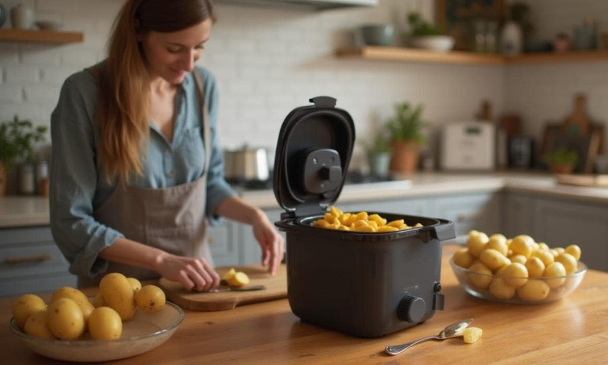 Femme qui utilise une friteuse sans huile